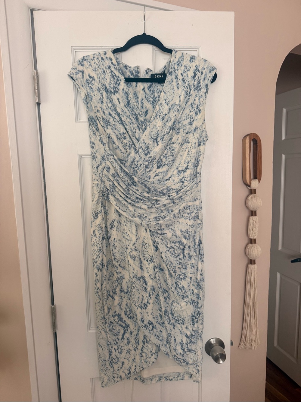 DKNY Blue and White Printed Wrap-Style Midi Dress